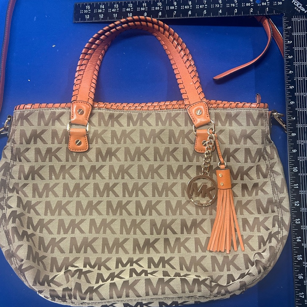 Michael Kors Brown and Orange Leather Trim Canvas Signature Logo Tote 👜
